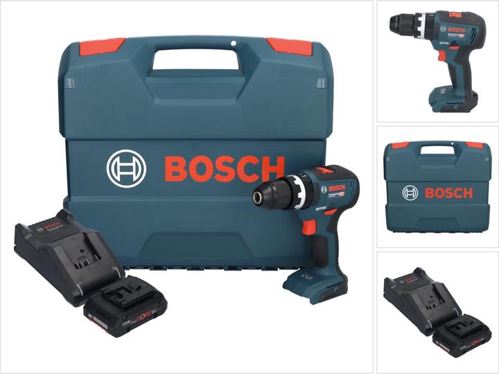 1x trapano a percussione a batteria Bosch GSB 18V-55 Professional, 1x batteria ricaricabile Bosch GBA 18 V 4.0 Ah ProCORE, 1x caricabatterie Bosch GAL 18V-40