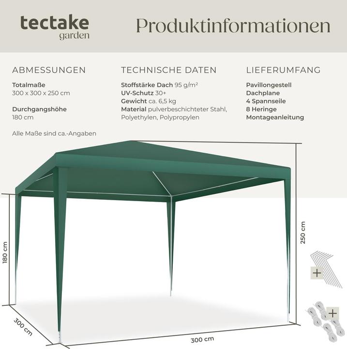Produktbild tectake Pavillon Farah, wasserdicht, Stecksystem, 3x3m (300 cm, 300 cm)