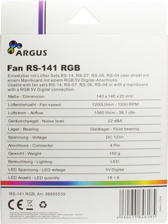 Actual product image Intertech Inter-Tech Fan 140*140*25 ARGUS RS-141 RGB,26 RGB LEDs retail (140 mm, 1 x)