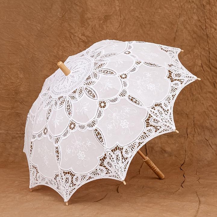 Actual product image Alopini Grosser Vintage-Schirm mit Spitzenstickerei und Holzgriff - elegantes Blumenmuster, manuelles Öffnen