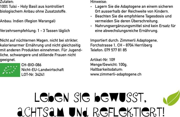 Valeurs nutritives et ingrédients Zimmerli Adaptogene Thé Tulsi (BIO) (100 g)