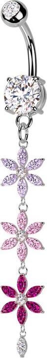 Star Piercing Banane silber mit zwei Kugeln Kristall silber Anhänger drei farbige Kristallblumen (Messing, Chirurgenstahl 316L)