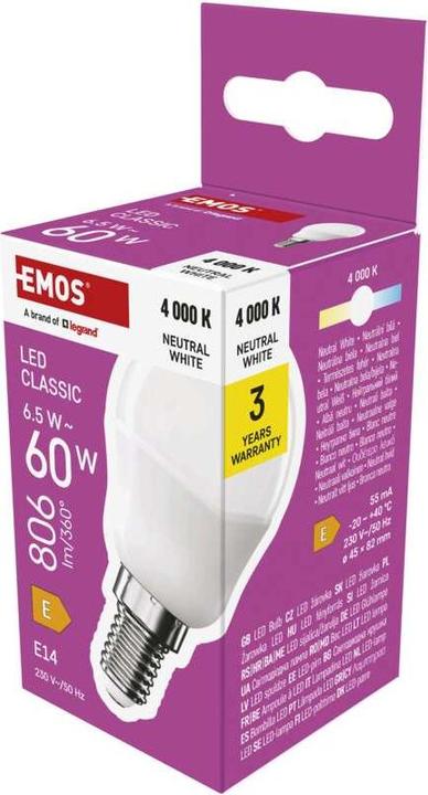 Immagine prodotto Emos Lampada LED Classic Mini Globe / E14 / 6,5 W (60 W) / 806 lm / Bianco neutro (E14, 6.50 W, 806 lm, 1 x, E)