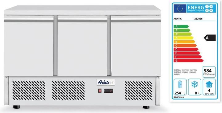 Energie-Label Hendi Pizzatisch dreitürig mit kühlvitrine 380+40 l 230V (254 l)