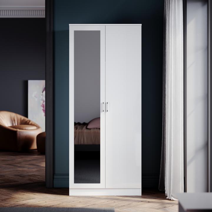 Produktbild SONNI Moderner 2-türiger grosser weisser Kleiderschrank, geräumig, mit Spiegelschrank, 76 cm (B) x 47 (76 x 47 x 47 cm)