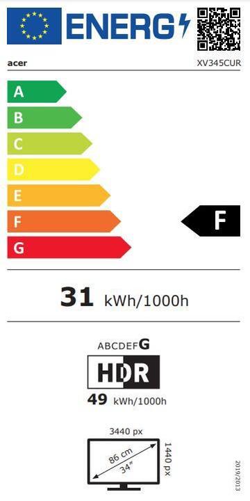 Label énergétique Acer Nitro XV345CURVbmiphuzx (3440 x 1440 pixels, 34")