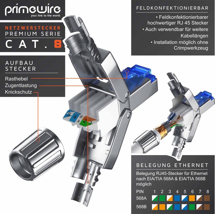 Produktbild Primewire 6x Netzwerkstecker feldkonfektionierbar RJ45 CAT 8, Steckverbinder CAT8 für LAN Kabel Netzwerkkabel (0.05 m)