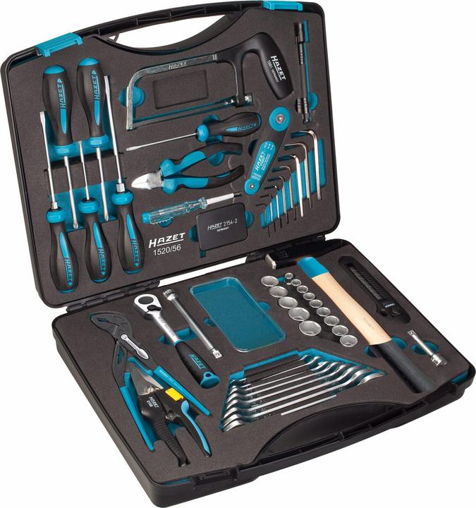 HAZET Werkzeugkoffer 1520/56 ∙ Vierkant10 mm (3/8 Zoll) ∙ Aussen Doppel-Sechskant-Tractionsprofil, S… (56 Teile)