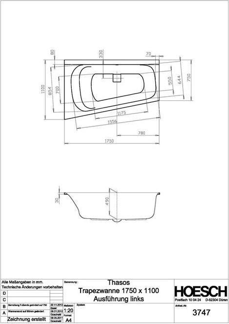 Produktbild Hoesch Trapez-Badewanne THASOS 1750x1100x490mm li we (280 l, 175 cm, 110 cm)