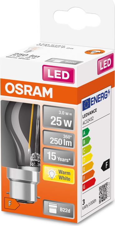 Image du produit Osram LEDSCLP25 2,5W/827 230V FILB22D10X1OSRAM (B22d, 2.50 W, 250 lm, 6 x, F)