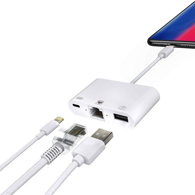 Actual product image MU Classic 3 in 1 Lightning Adapter - USB 3.0 / Ethernet RJ45 / Lightning (Lightning, RJ45, USB-A, Lightning)