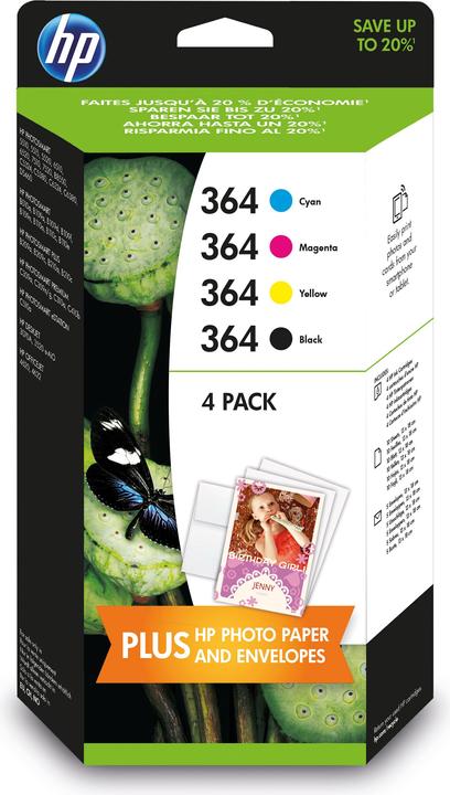 Produktbild Inkadoo HP J3M82AE 364 Tintenpatrone MultiPack Bk C M Y + Papier 13x18cm Schwarz Cyan Magenta Gelb (M, C, Y, BK)