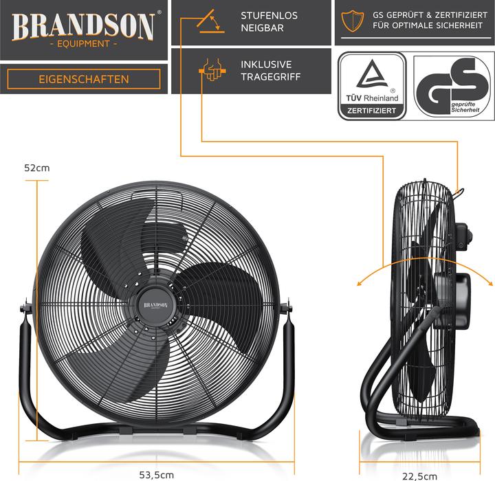 Immagine prodotto Brandson Windmaschine, Bodenventilator im Retro Stil, hoher Luftdurchsatz, 120W, Schwarz, 50 cm Ø, neigbar