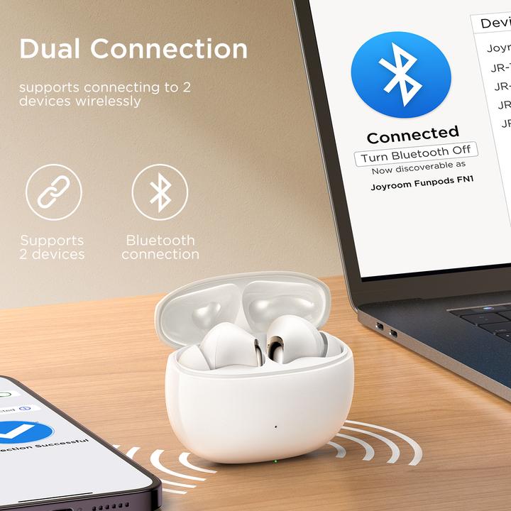 Produktbild Joyroom Funpods JR-FN1 wireless in-ear TWS Bluetooth 5.4 ANC ENC headphones - white (ANC, 35 h, Kabellos)