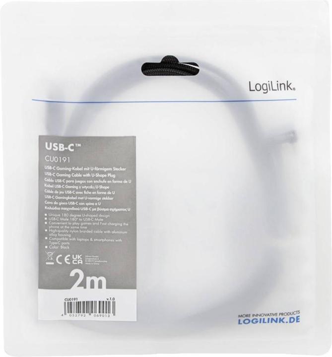 Immagine prodotto LogiLink Cavo USB 2.0 Type-C, da C/M 180° a USB-C/M, alluminio, nero, 2 m (2 m, USB 2.0, 60 W)