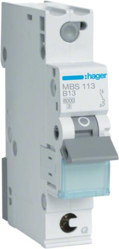 Produktbild Hager MBS113. Nennstrom: 13 A, AC Eingangsfrequenz: 50/60 Hz. Typ: B-type, Module Menge (max): 1 Modul(e).