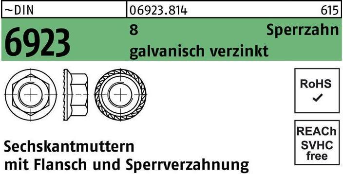 Produktbild Sechskantmutter DIN 6923 m.Flansch/Sperrverzahnung M 6 8 galvanisch verzinkt (M6)