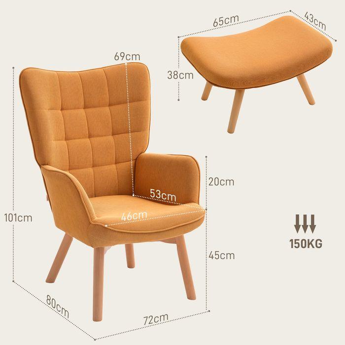 Produktbild Swisshandel24 Sessel mit Hocker, Ohrensessel mit Hoher Rückenlehne, Holzbeine, Cord, Braun