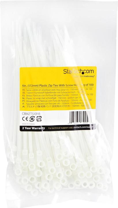 Image du produit StarTech 15cm(6") Cable Ties with Mounting Hole, 3mm(1/8") wide, 40mm(1-1/2") Bundle Dia. (Serre-câbles en plastique, 172 mm, 100 pcs)