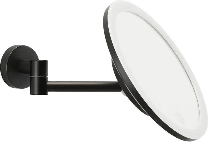 Produktbild tesa VISIOON LED-Kosmetikspiegel mit Beleuchtung, 5-fach-Vergröss. - Wandmontage ohne Bohren, Schwarz (8 x 22 x 18 cm)