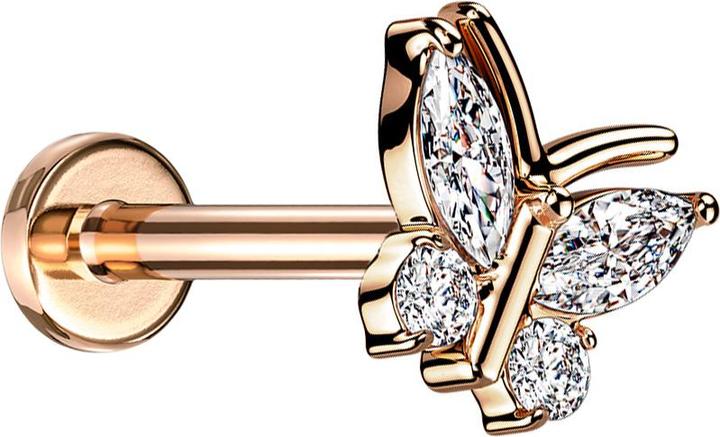 Star Piercing Micro Labret Innengewinde rosegold Schmetterling vier Kristalle silber (Messing, Chirurgenstahl 316L)