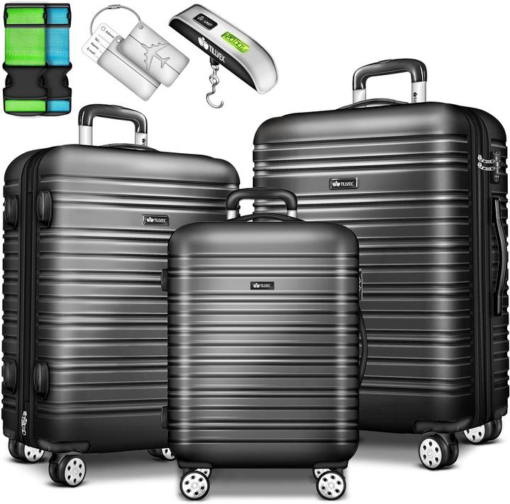 Tillvex 3-teilige Reisekoffer-Set mit Kofferwaage & Anhänger (M (50 - 90l), L (90 - 115l), XL (ab 115l))