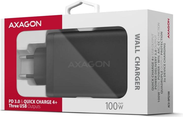 Actual product image Axagon ACU-DPQ100, GaN nabíječka do sítě, 3x port (USB-A + dual USB-C), PD3.0/PPS/QC4+/Apple (100 W)