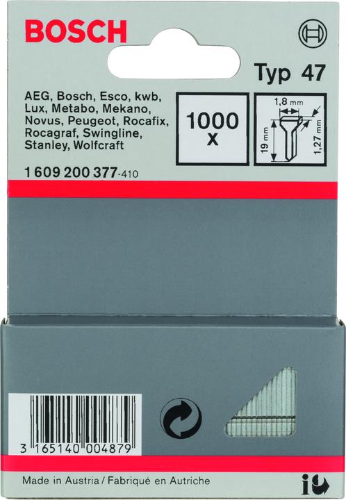 Produktbild Bosch Professional Zubehör Tackernagel Typ 47, 1,8 x 1,27 x 19 mm, 1000er-Pack
