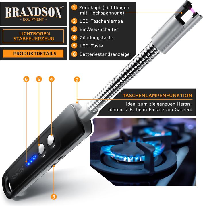 Produktbild Brandson 2x Stabfeuerzeug elektrisch, Kerzenanzünder, Lichtbogen Feuerzeug, USB aufladbar, für Kerze, Gasherd