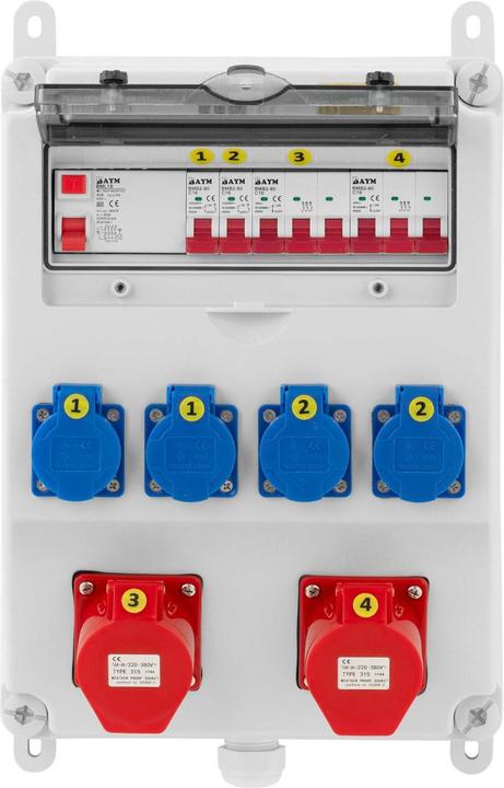 Produktbild MSW Stromverteiler 4 x Schuko 2 x CEE-Steckdosen FI-/ 4 Leitungsschutzschalter (CEE 32/3, CEE 7/3)