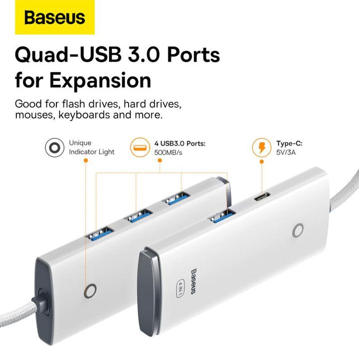 Actual product image Baseus Lite Series 4-Port Type-C HUB Adapter (Type-C to USB 3.0*4 ) 2m White (USB-C, 80 Ports)