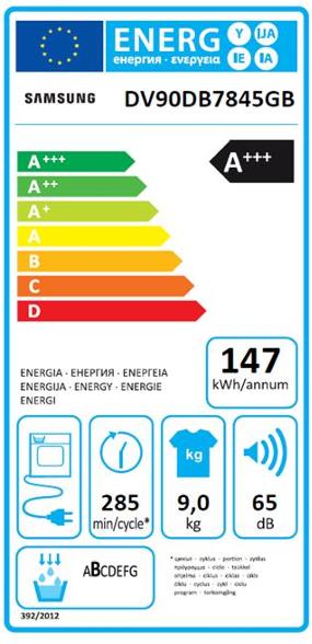 Energie-Label Samsung Wäschetrockner DV7400, 9kg, A+++ (9 kg, Rechts)