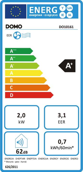 Energie-Label Domo DO10161 Mobiele airco - voor ruimtes tot 30mÂ² - 7.000 BTU (DO10161) (30 m², 7000 BTU/h)