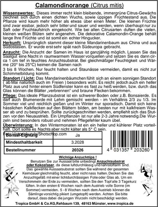 Valeurs nutritives et ingrédients Tropica Calamondin Orange Dwarf Orange Citrus mitis (Graines de fruits)