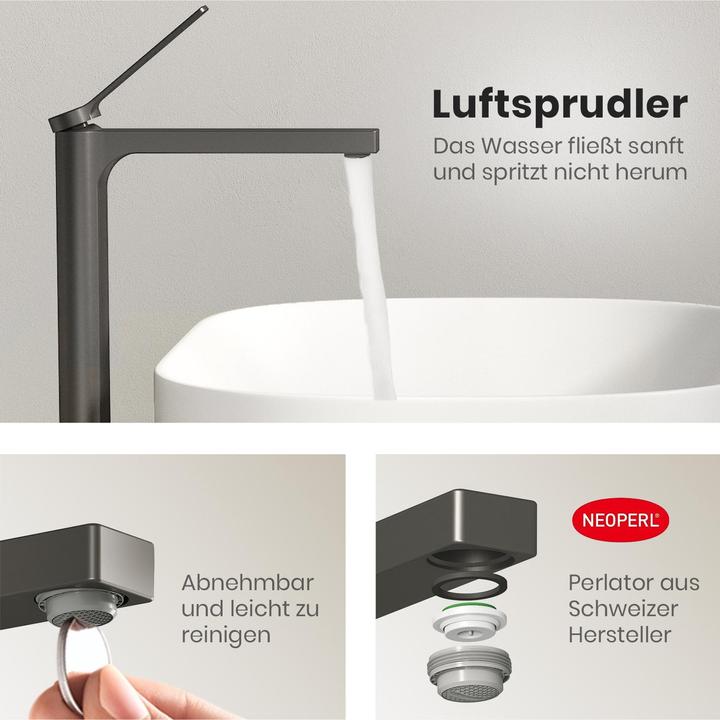 Produktbild Emke Wasserhahn Bad, Anthrazit, Mischbatterie Waschbecken, Messing, mit Luftsprudler, Keramikkartusche, e