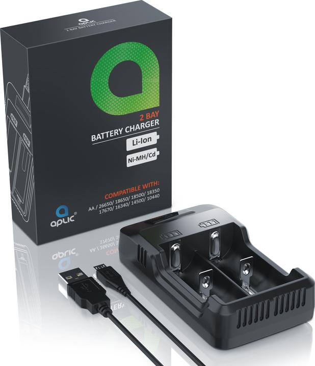 Actual product image Aplic Battery charger 2000 mA, USB battery charger with two slots for Ni-MH / Ni-Cd / Li-ion batteries (14500, 16340, 18650, 26650, C, AA, 2000 mAh, Chargers without battery)