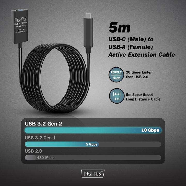 Produktbild Digitus Aktives USB 3.2 Gen2 10G Verlängerungskabel, USB-C - USB-A, 5m (5 m, USB 3.2 Gen 2)