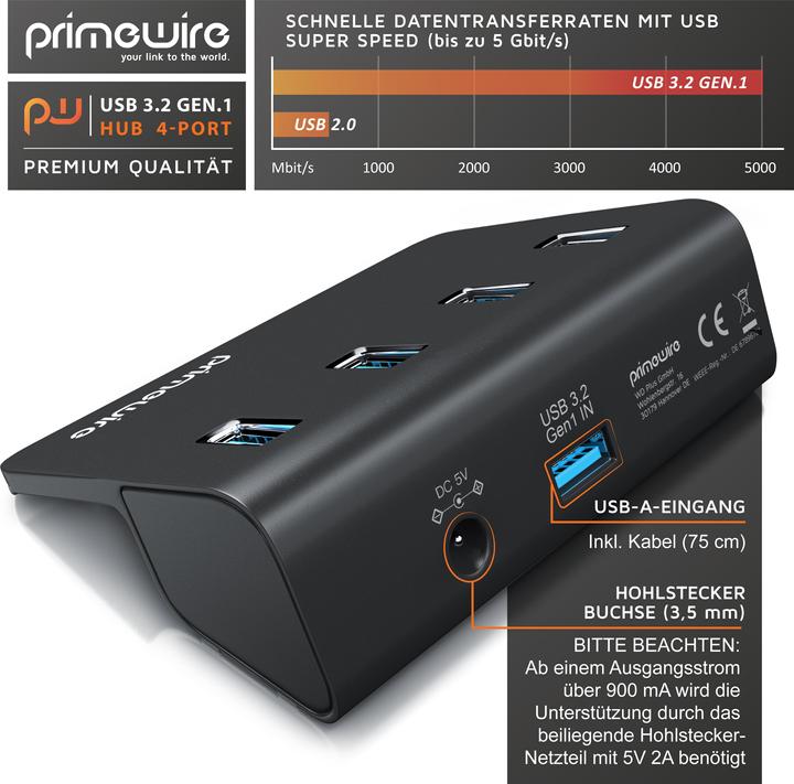 Image du produit Primewire Hub 4 ports USB 3.2 Gen.1 Actif, répartiteur avec alimentation, Hub de données USB 3.0 Super Speed (USB-A, 4 Ports)