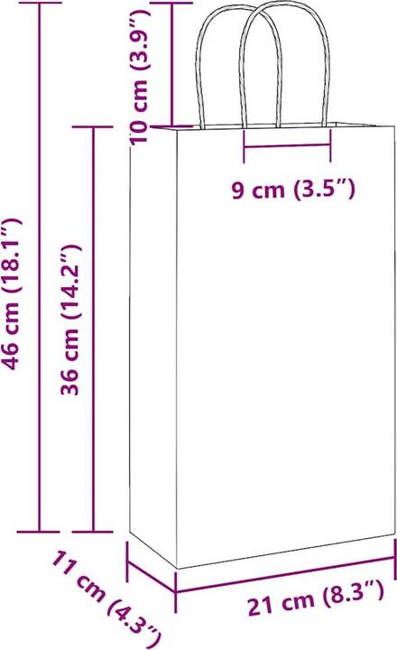 Produktbild VidaXL Kraftpapiertüten 250 Stk. mit Henkel Weiss 21x11x36 cm Papiertüte (Geschenktüte, 250 x)
