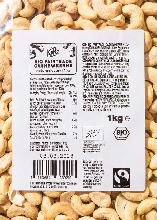 Valori nutrizionali e ingredienti KoRo Anacardi (1000 g)