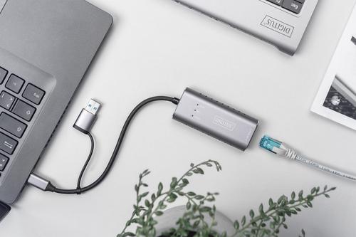 Actual product image Assmann Digitus USB Type-C™ Gigabit Ethernet Adapter 2.5G, USB-C™ + USB A (USB3.1/3.0), USB-C USB 3.1, RJ-45