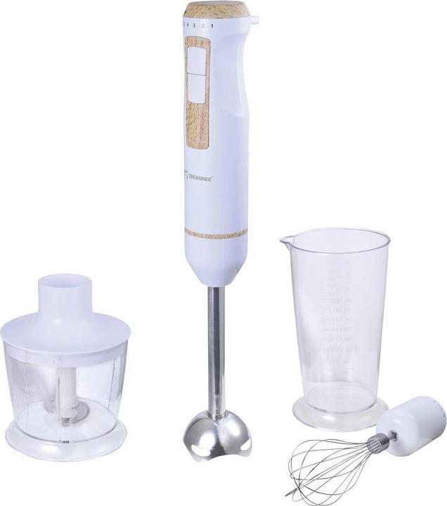 Actual product image Bergner Hand blender 800W with measuring jug, with chopper attachment White, wood