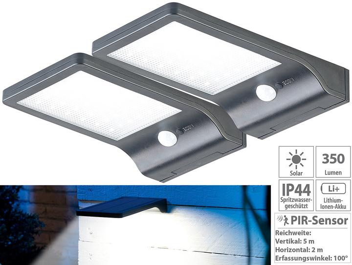 Produktbild Lunartec 2er-Set Solar-LED-Wandleuchten mit PIR-Sensor & Nachtlicht