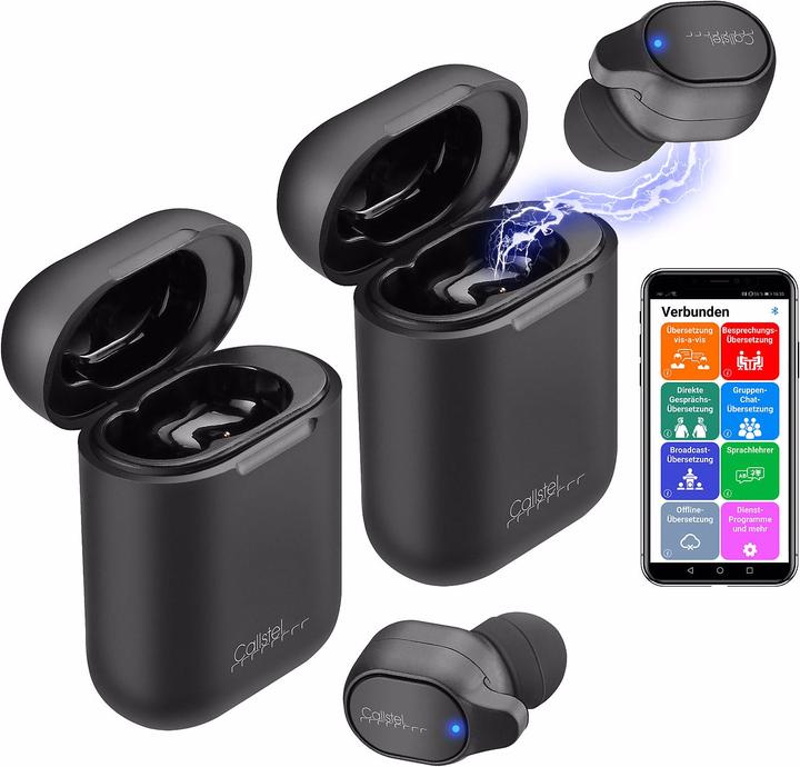 Produktbild Callstel 2er-Set 2in1-Live-Übersetzer mit In-Ear-Mono-Headset, Powerbank-Box & App (3 h, Kabellos)