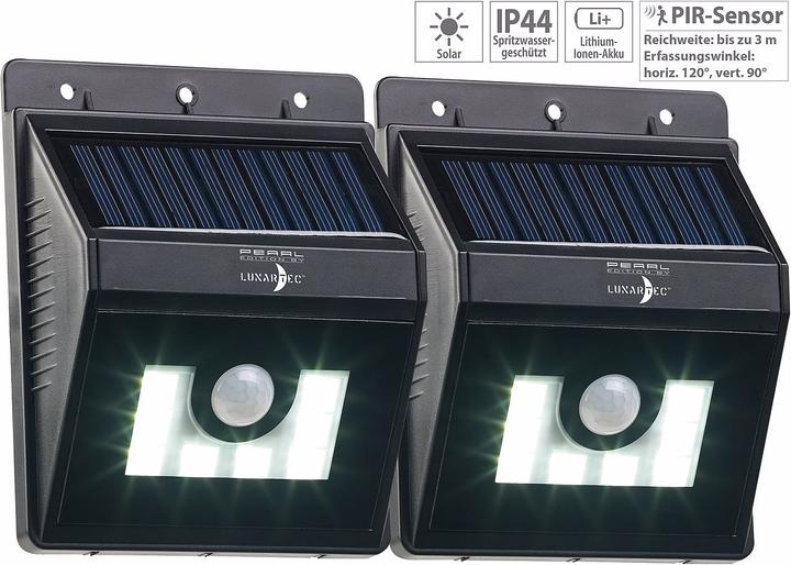 Produktbild Lunartec 2er-Set Solar-LED-Wandleuchten mit Bewegungsmelder und Dimm-Funktion (180 lm, IP04)
