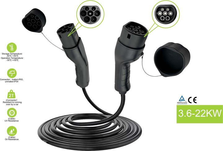 Actual product image Helos E-car charging cable, type 2, TÜV, 3-phase, 32 A, 22 kW, 5m (Type 2, 22 kW, 32 A, 5 m)