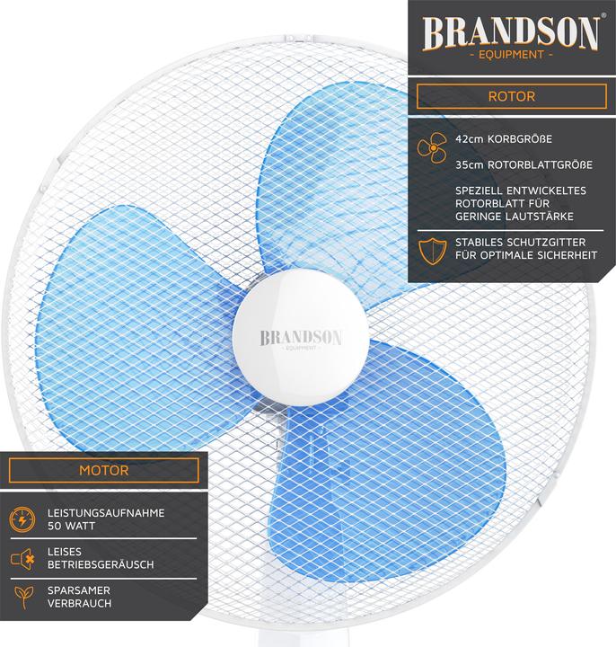 Actual product image Brandson Pedestal fan, 42 cm Ø, pedestal fan, remote control, tiltable 30°, 50W, oscillation 80°, white/blue (45.60 dB)