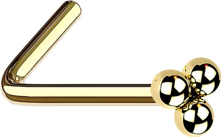 Star Piercing Nasenstecker gewinkelt vergoldet drei Kugeln (ohne Messing, Chirurgenstahl 316L)