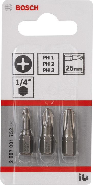 Produktbild Bosch Professional Zubehör Schrauberbit-Set, Extra Hard, 3-tlg., PH1, PH2, PH3, 25 mm (Kreuz Phillips PH M1, Kreuz Phillips PH M2, Kreuz Phillips PH M3)