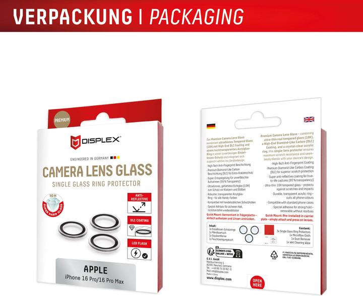 Produktbild Displex Premium Camera Lens Glass (1 Stück, Apple iPhone 16 Pro, Apple iPhone 16 Pro Max)